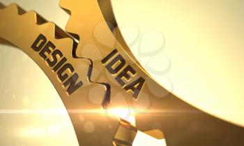 Idea Design - Technical Design. Idea Design - Illustration with Lens Flare. Idea Design on Golden Cogwheels. Idea Design - Concept. Idea Design on Mechanism of Golden Metallic Gears. 3D Render.