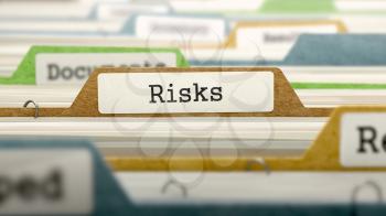 Risks Concept on File Label in Multicolor Card Index. Closeup View. Selective Focus. 3D Render. 