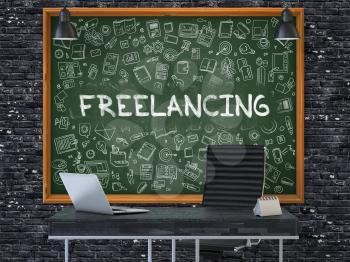 Green Chalkboard on the Dark Brick Wall in the Interior of a Modern Office with Hand Drawn Freelancing. Business Concept with Doodle Style Elements. 3D.