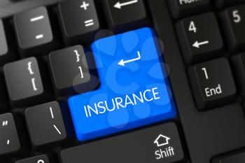 Insurance Concept: Black Keyboard with Insurance on Blue Enter Button Background, Selected Focus. Insurance Key on Computer Keyboard. 3D Illustration.