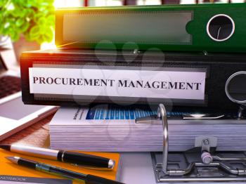 Procurement Management - Black Ring Binder on Office Desktop with Office Supplies and Modern Laptop. Procurement Management Business Concept on Blurred Background. 3D Render.