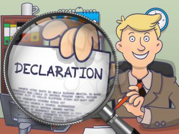 Officeman in Suit Showing a Paper with Inscription Declaration through Magnifying Glass. Closeup View. Multicolor Modern Line Illustration in Doodle Style.