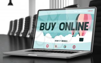 Buy Online. Closeup Landing Page on Mobile Computer Display. Modern Conference Hall Background. Toned. Blurred Image. 3D Illustration.