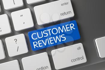 Customer Reviews Concept: Modern Laptop Keyboard with Customer Reviews, Selected Focus on Blue Enter Keypad. 3D Render.