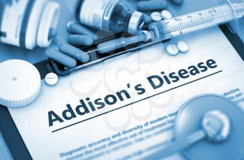 Diagnosis - Addison's Disease On Background of Medicaments Composition - Pills, Injections and Syringe. 3D.