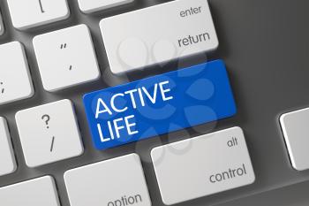 Active Life Concept Modern Laptop Keyboard with Active Life on Blue Enter Keypad Background, Selected Focus. 3D Render.