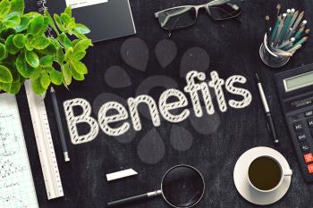 Benefits. Business Concept Handwritten on Black Chalkboard. Top View Composition with Chalkboard and Office Supplies. 3d Rendering. Toned Illustration.