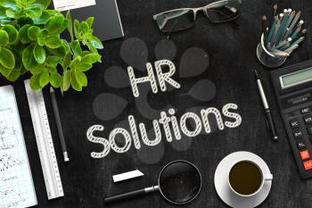 HR Solutions - Text on Black Chalkboard.3d Rendering. Toned Illustration.