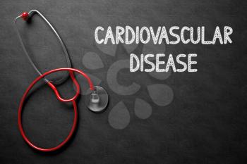 Medical Concept: Cardiovascular Disease -  Black Chalkboard with Hand Drawn Text and Red Stethoscope. Top View. Medical Concept: Cardiovascular Disease Handwritten on Black Chalkboard. 3D Rendering.