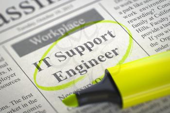 IT Support Engineer - Job Vacancy in Newspaper, Circled with a Yellow Highlighter. Blurred Image with Selective focus. Job Seeking Concept. 3D Rendering.