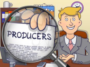 Producers. Concept on Paper in Business Man's Hand through Lens. Multicolor Doodle Illustration.