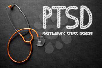 Medical Concept: PTSD - Posttraumatic Stress Disorder - Text on Black Chalkboard with Orange Stethoscope. Medical Concept: Black Chalkboard with PTSD - Posttraumatic Stress Disorder. 3D Rendering.