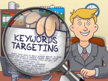 Keywords Targeting. Text on Paper in Man's Hand through Lens. Colored Modern Line Illustration in Doodle Style.