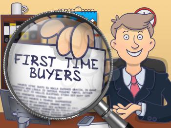Officeman Showing Text on Paper First Time Buyers. Closeup View through Lens. Colored Modern Line Illustration in Doodle Style.