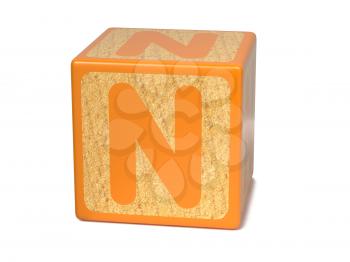 Letter N on Orange Wooden Childrens Alphabet Block  Isolated on White. Educational Concept.