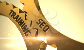 SEO Training on the Mechanism of Golden Cogwheels with Glow Effect. 3D.