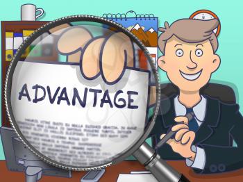 Advantage. Stylish Businessman Sitting in Offiice and Holding a Concept on Paper through Magnifier. Multicolor Doodle Style Illustration.