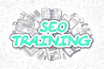 SEO Training - Sketch Business Illustration. Green Hand Drawn Word SEO Training Surrounded by Stationery. Doodle Design Elements. 