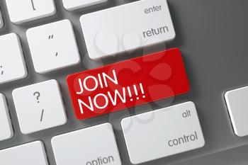 Join Now Concept: Slim Aluminum Keyboard with Join Now, Selected Focus on Red Enter Key. 3D Illustration.