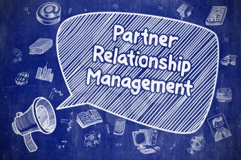 Speech Bubble with Phrase Partner Relationship Management Cartoon. Illustration on Blue Chalkboard. Advertising Concept. 