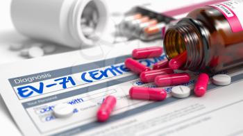 Handwritten Diagnosis EV-71 - Enterovirus -71 in the Disease Extract. Medicaments Composition of Heap of Pills, Blister of Pills and Bottle of Tablets. 3D Render.