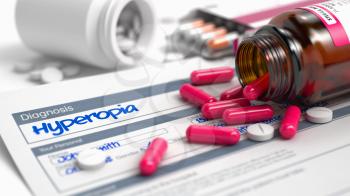 Hyperopia Phrase in Anamnesis. Close View of Medicine Concept. Hyperopia - Handwritten Diagnosis in the Anamnesis. Medicine Concept with Heap of Pills, CloseUp View, Selective Focus. 3D Render.