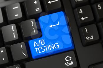 AB Testing Concept: Modernized Keyboard with AB Testing, Selected Focus on Blue Enter Keypad. A-B Testing on Black Keyboard Background. Computer Keyboard with the words A B Testing on Blue Key. 3D.