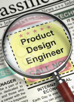Illustration of Jobs of Product Design Engineer in Newspaper with Loupe. Product Design Engineer. Newspaper with the Jobs Section Vacancy. Job Search Concept. Blurred Image. 3D.