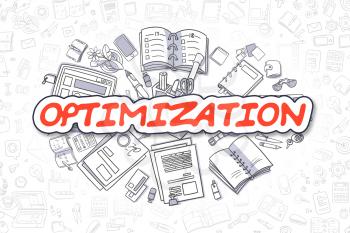 Optimization - Hand Drawn Business Illustration with Business Doodles. Red Word - Optimization - Doodle Business Concept. 