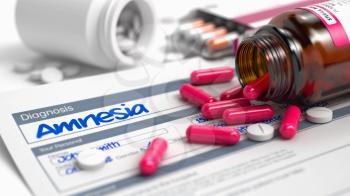 Handwritten Diagnosis Amnesia in the History of the Present Illness. Medicaments Composition of Blister of Red Pills, Blister of Pills and Bottle of Tablets. 3D.