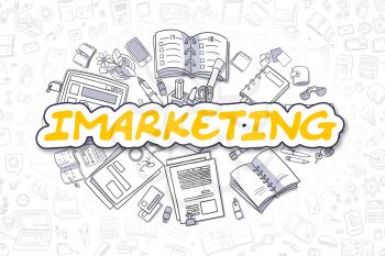 Doodle Illustration of Imarketing, Surrounded by Stationery. Business Concept for Web Banners, Printed Materials. 