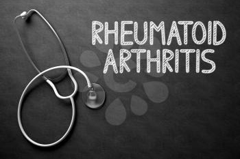 Medical Concept: Black Chalkboard with Rheumatoid Arthritis. Medical Concept: Black Chalkboard with Handwritten Medical Concept - Rheumatoid Arthritis with White Stethoscope. Top View. 3D Rendering.