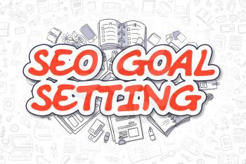Cartoon Illustration of SEO Goal Setting, Surrounded by Stationery. Business Concept for Web Banners, Printed Materials. 