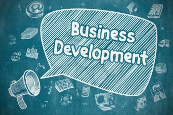 Business Concept. Horn Speaker with Wording Business Development. Cartoon Illustration on Blue Chalkboard. 