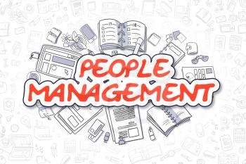 Doodle Illustration of People Management, Surrounded by Stationery. Business Concept for Web Banners, Printed Materials. 