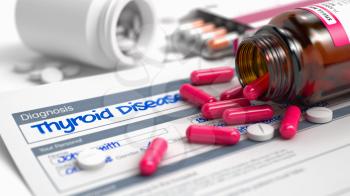 Handwritten Diagnosis Thyroid Disease in the Disease Extract. Medicaments Composition of Red Pills, Blister of Pills and Bottle of Tablets. 3D Render.