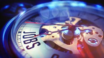 Jobs. on Pocket Watch Face with CloseUp View of Watch Mechanism. Time Concept. Lens Flare Effect. 3D Render.