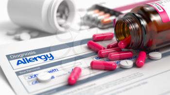 Allergy Inscription in Anamnesis. Close View of Medicine Concept. Allergy - Handwritten Diagnosis in the Disease Extract. Medicine Concept with Red Pills, Close Up View, Selective Focus. 3D Render.