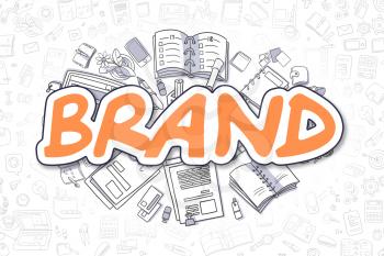 Brand Doodle Illustration of Orange Inscription and Stationery Surrounded by Cartoon Icons. Business Concept for Web Banners and Printed Materials. 