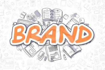 Brand Doodle Illustration of Orange Inscription and Stationery Surrounded by Cartoon Icons. Business Concept for Web Banners and Printed Materials. 