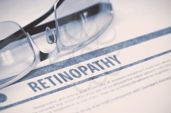 Retinopathy - Printed Diagnosis with Blurred Text on Blue Background with Glasses. Medical Concept. 3D Rendering.