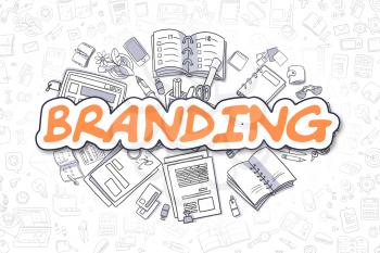 Branding Doodle Illustration of Orange Inscription and Stationery Surrounded by Cartoon Icons. Business Concept for Web Banners and Printed Materials. 