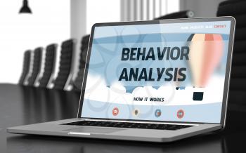 Behavior Analysis - Landing Page with Inscription on Laptop Screen on Background of Comfortable Meeting Hall in Modern Office. Closeup View. Toned Image with Selective Focus. 3D.