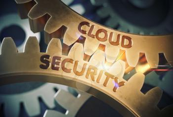 Cloud Security on the Mechanism of Golden Metallic Cog Gears with Lens Flare. Cloud Security - Technical Design. 3D Rendering.