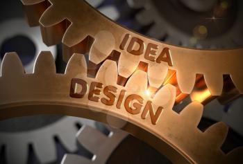 Idea Design on the Mechanism of Golden Metallic Cogwheels with Glow Effect. Idea Design on Golden Gears. 3D Rendering.