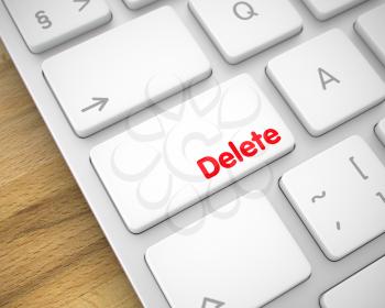 Modern Computer Keyboard Key Showing the Inscription Delete. Message on Keyboard White Button. Service Concept: Delete on the Modernized Keyboard lying on the Wood Background. 3D.