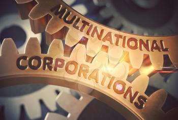 Golden Metallic Cogwheels with Multinational Corporations Concept. Multinational Corporations - Illustration with Glowing Light Effect. 3D Rendering.