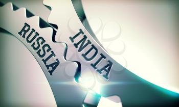 India Russia on the Mechanism of Metal Cog Gears with Lens Flare - Interaction Concept. India Russia on the Mechanism of Metal Gears. Enterprises Concept in Industrial Design. 3D Render.