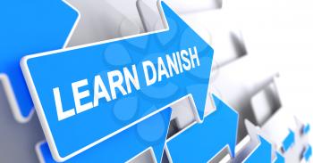 Learn Danish, Message on the Blue Pointer. Learn Danish - Blue Cursor with a Inscription Indicates the Direction of Movement. 3D Illustration.