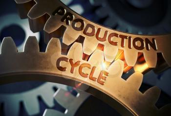 Production Cycle Golden Metallic Gears. Golden Cog Gears with Production Cycle Concept. 3D Rendering.